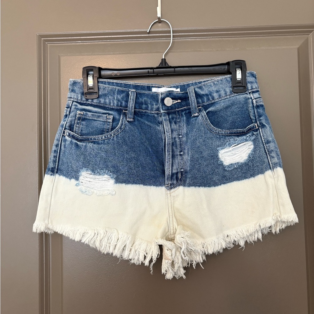 Cello Blue and White Frayed Hem Jean Shorts